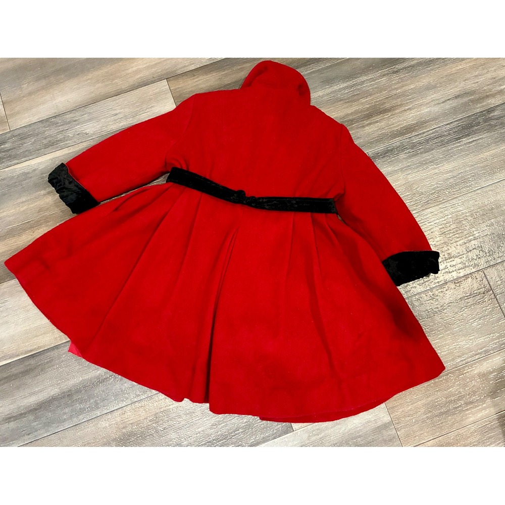 Vintage Rothschild Girls Size 4 Red 100% Wool Coat Black Velvet Bow Holiday - Picture 10 of 13